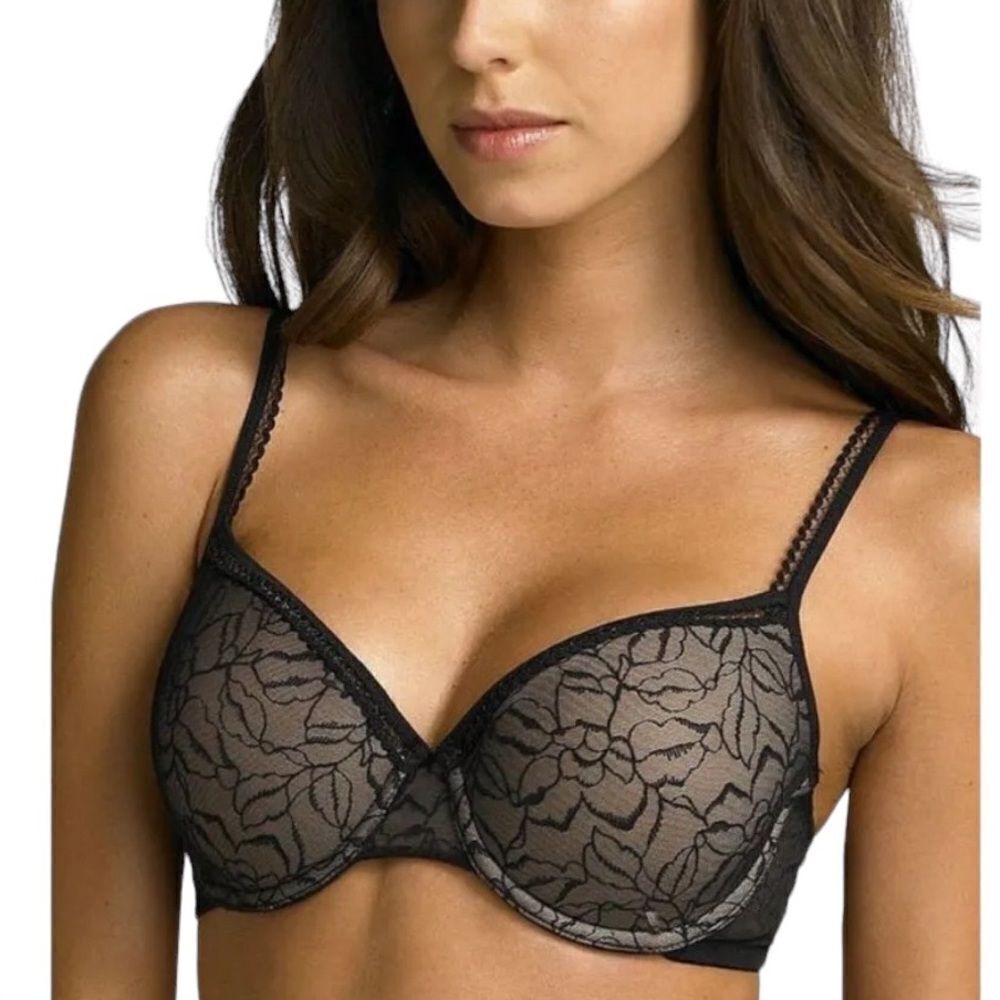 Wacoal rosy outlook nude black rose lace overlay underwire bra size 34DD
